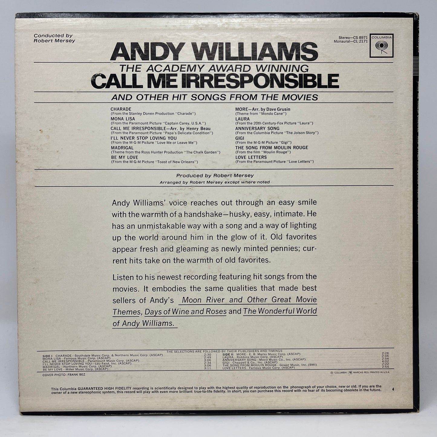Andy Williams : Call Me Irresponsible And Other Hit Songs From The Movies (LP,Album,Mono)