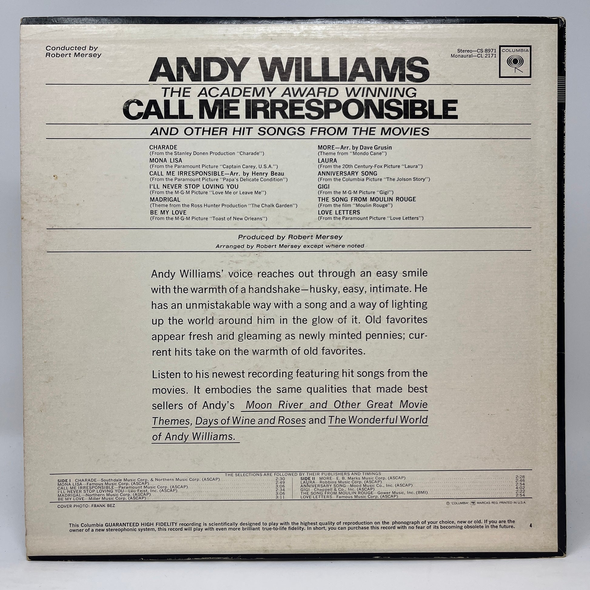 Andy Williams : Call Me Irresponsible And Other Hit Songs From The Movies (LP,Album,Mono)