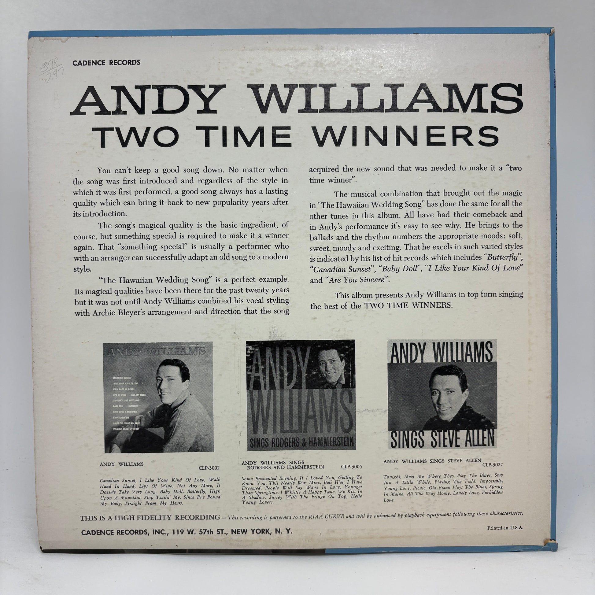 Andy Williams : Two Time Winners (LP,Album,Mono)