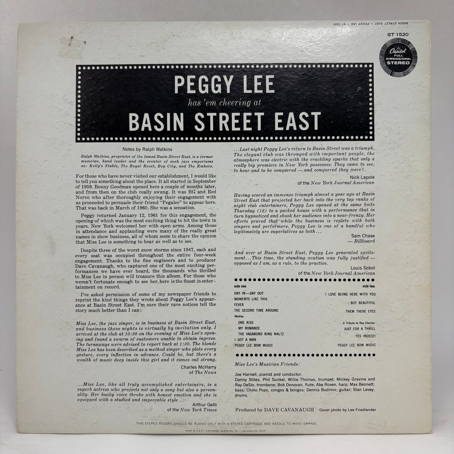 Peggy Lee : Basin Street East Proudly Presents Miss Peggy Lee Recorded At The Fabulous New York Club (LP,Album,Stereo)