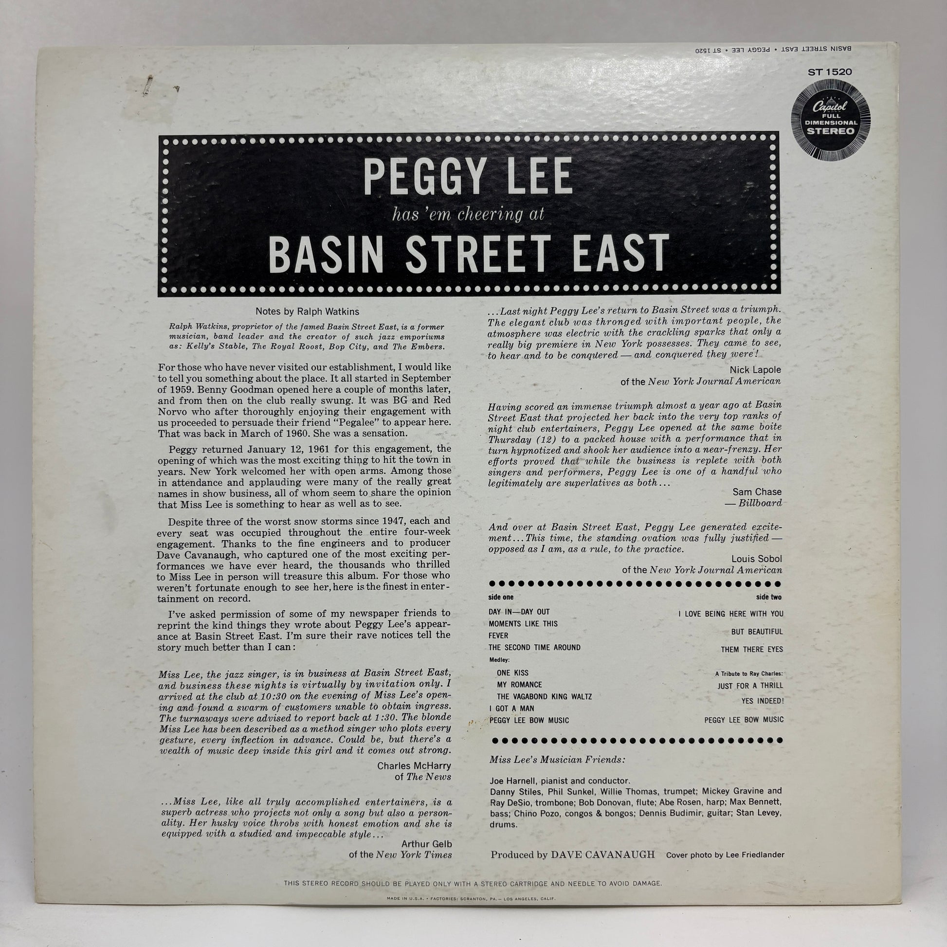 Peggy Lee : Basin Street East Proudly Presents Miss Peggy Lee Recorded At The Fabulous New York Club (LP,Album,Stereo)
