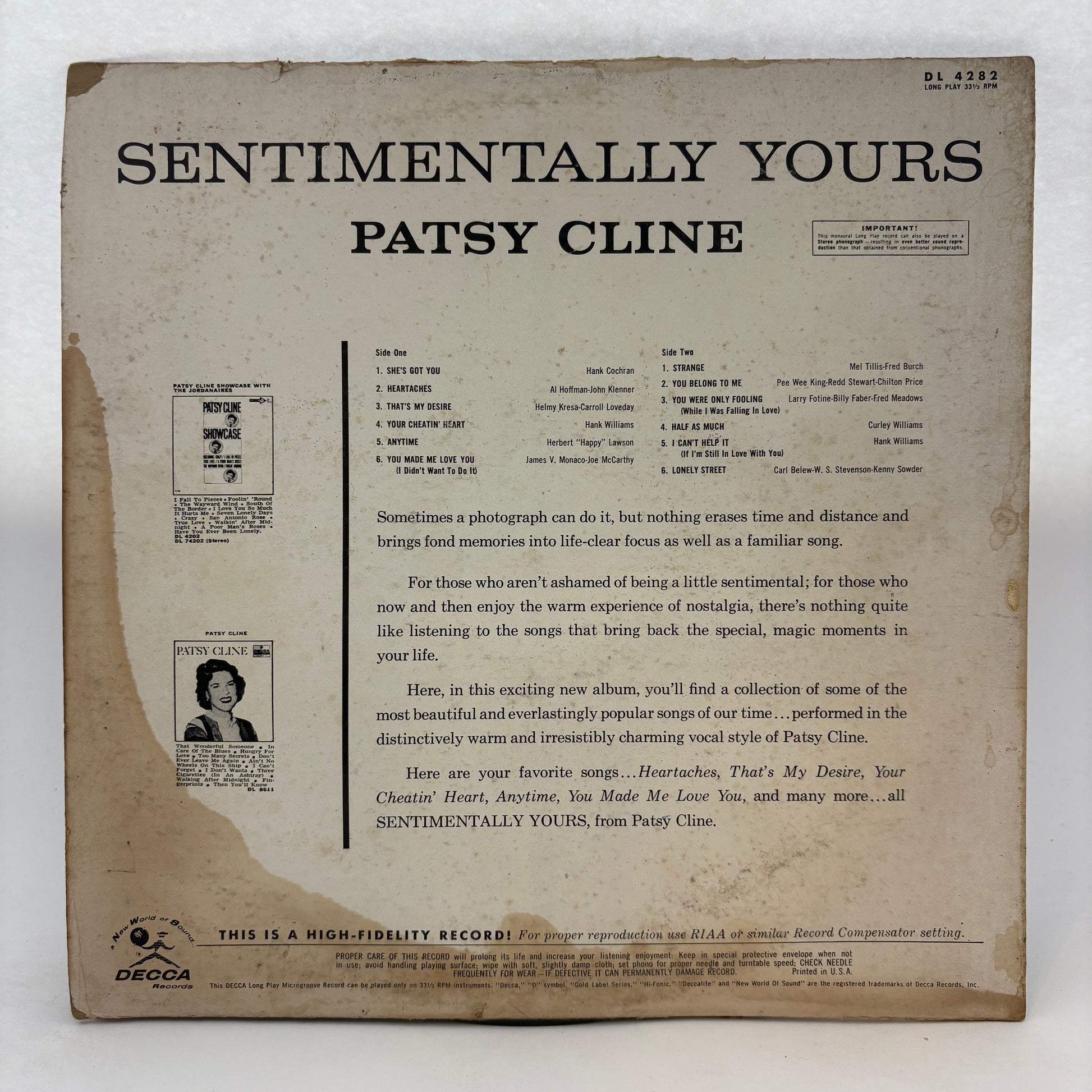 Patsy Cline : Sentimentally Yours (LP,Album,Mono)