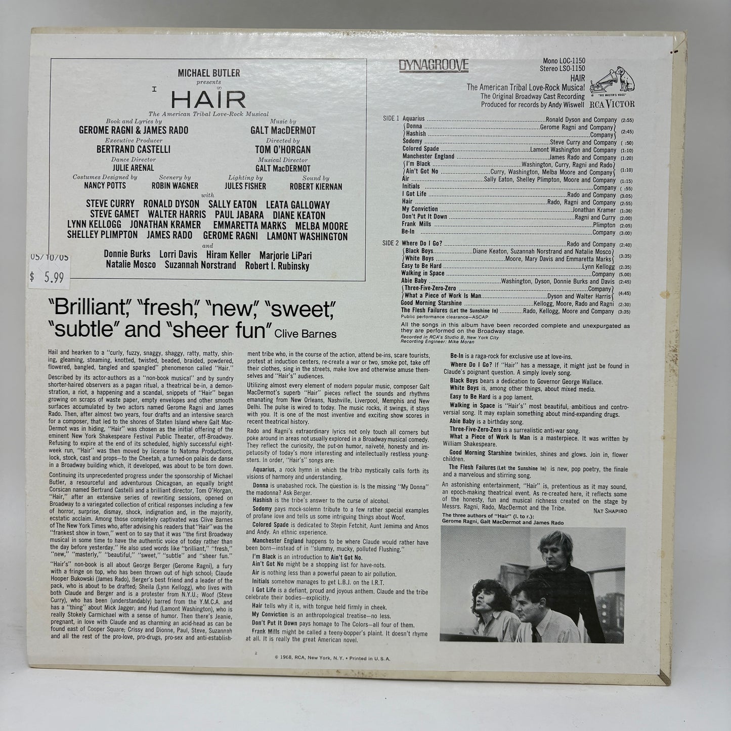 Various : Hair - The American Tribal Love-Rock Musical (The Original Broadway Cast Recording) (LP,Album,Repress,Stereo)