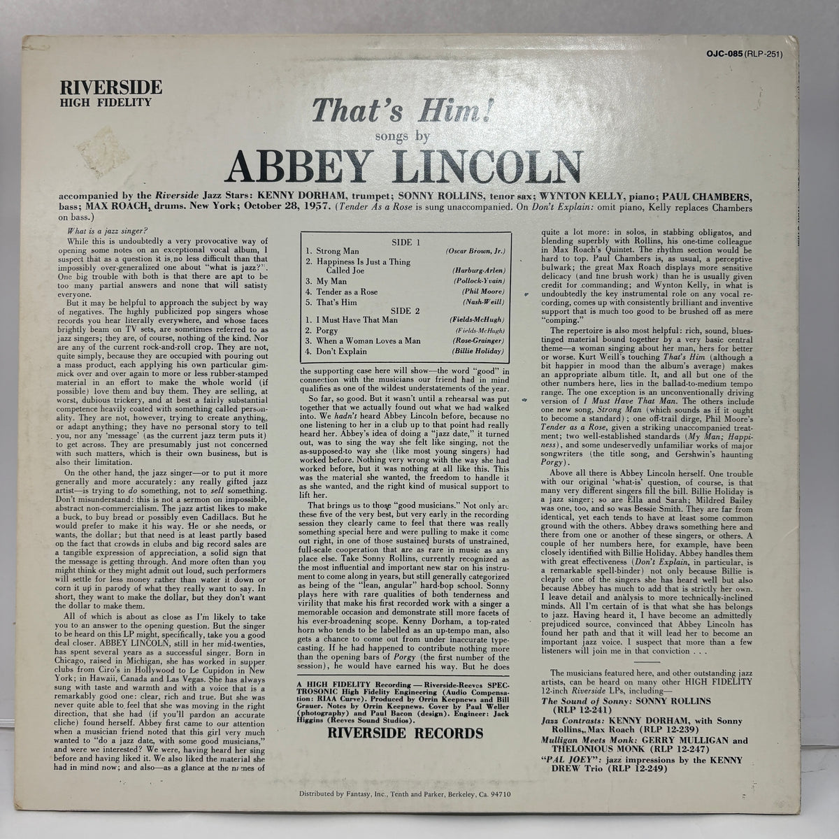 Abbey Lincoln With The Riverside Jazz Stars : That's Him (LP,Album,Reissue)